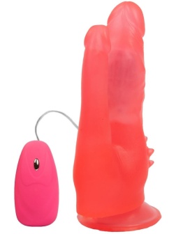 Розовый анально-вагинальный вибромассажёр с проводным пультом - 17 см.