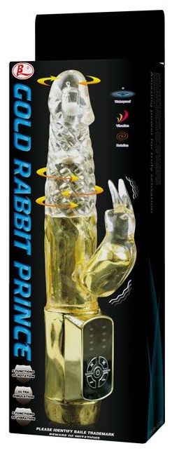 Золотистый вибратор Gold Rabbit Prince с ротацией - 21,5 см.