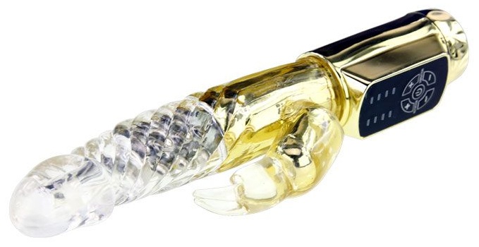 Золотистый вибратор Gold Rabbit Prince с ротацией - 21,5 см.
