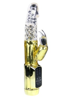 Золотистый вибратор Gold Rabbit Prince с ротацией - 21,5 см.