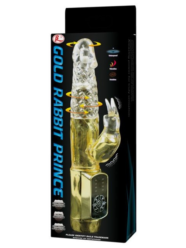 Золотистый вибратор Gold Rabbit Prince с ротацией - 21,5 см.