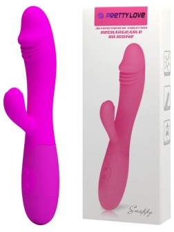 Лиловый перезаряжаемый вибратор Snappy с клиторальным отростком - 19,5 см.