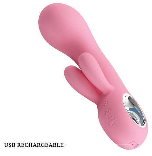 Нежно-розовый вибратор Chris с клиторальным отростком - 15,4 см.