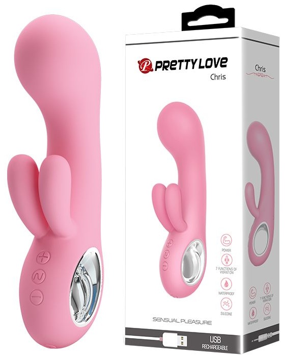 Нежно-розовый вибратор Chris с клиторальным отростком - 15,4 см.