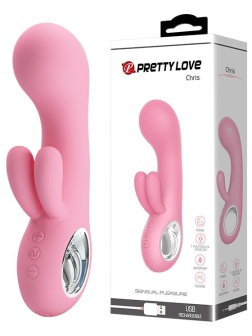 Нежно-розовый вибратор Chris с клиторальным отростком - 15,4 см.