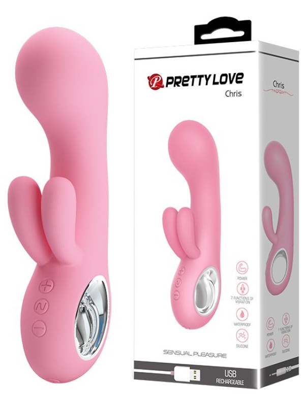 Нежно-розовый вибратор Chris с клиторальным отростком - 15,4 см.