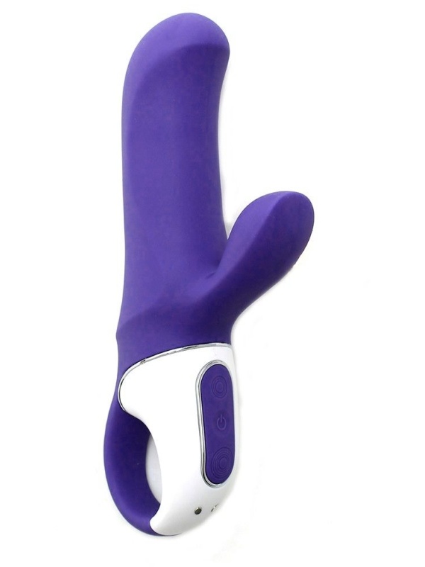 Фиолетовый вибратор Satisfyer Magic Bunny с клиторальным отростком - 17,6 см.