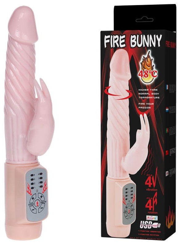 Вибратор Fire Bunny с клиторальным отростком и нагревом - 22 см.