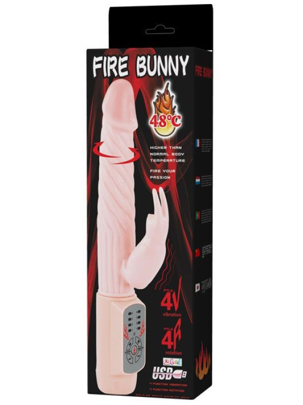 Вибратор Fire Bunny с клиторальным отростком и нагревом - 22 см.