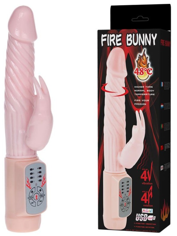 Вибратор Fire Bunny с клиторальным отростком и нагревом - 22 см.