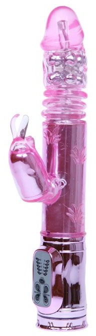 Розовый перезаряжаемый вибромассажер с ротацией, поступательными движениями и стимуляцией клитора - 29,5 см.