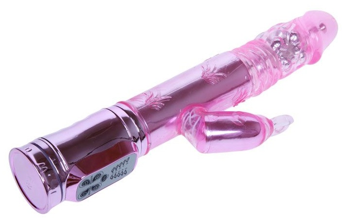 Розовый перезаряжаемый вибромассажер с ротацией, поступательными движениями и стимуляцией клитора - 29,5 см.