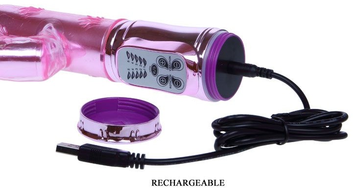 Розовый перезаряжаемый вибромассажер с ротацией, поступательными движениями и стимуляцией клитора - 29,5 см.