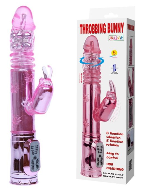 Розовый перезаряжаемый вибромассажер с ротацией, поступательными движениями и стимуляцией клитора - 29,5 см.