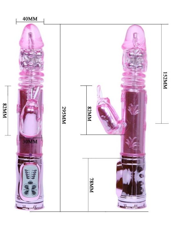 Розовый перезаряжаемый вибромассажер с ротацией, поступательными движениями и стимуляцией клитора - 29,5 см.