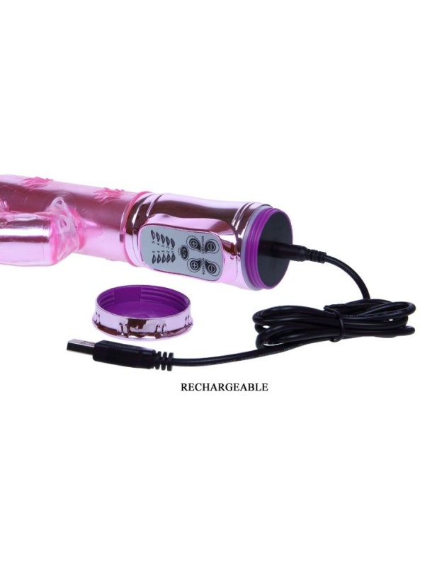 Розовый перезаряжаемый вибромассажер с ротацией, поступательными движениями и стимуляцией клитора - 29,5 см.