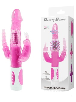 Розовый вибратор-ротатор с анальным и клиторальным стимуляторами - 22,3 см.