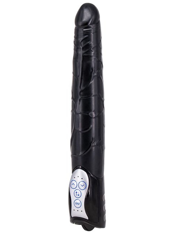 Чёрный вибромассажер Long John Realistic Thrusting Vibrator с функцией толкания - 20 см.