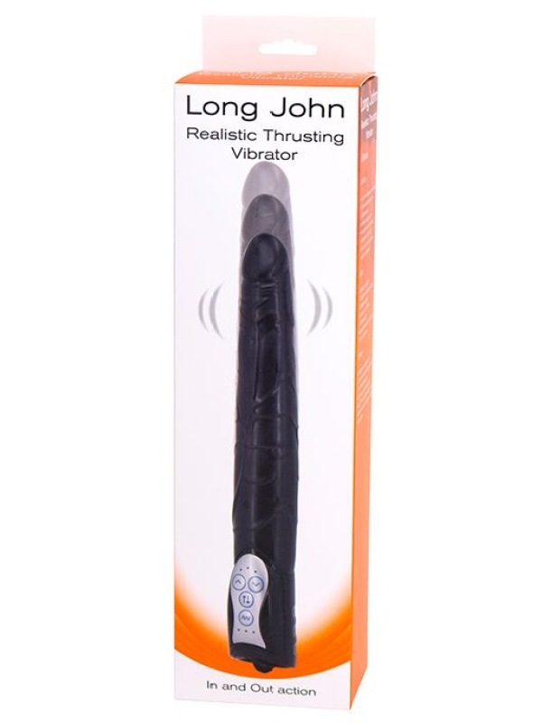 Чёрный вибромассажер Long John Realistic Thrusting Vibrator с функцией толкания - 20 см.