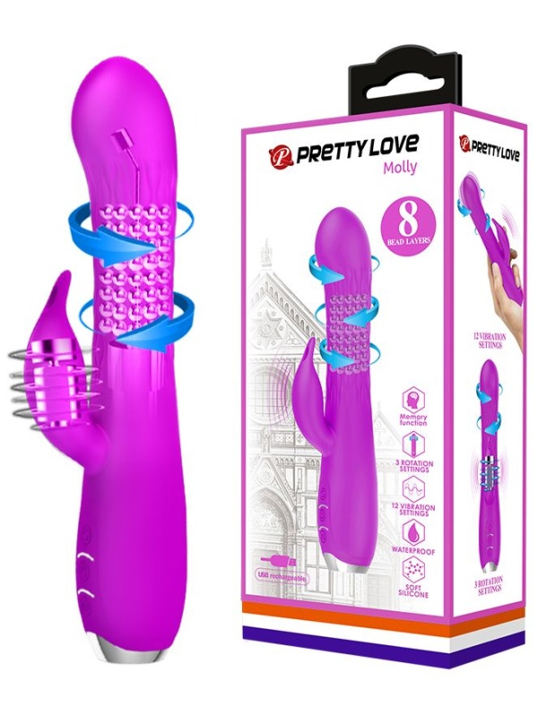 Лиловый вибратор Molly с вращающимися бусинами - 20,5 см.
