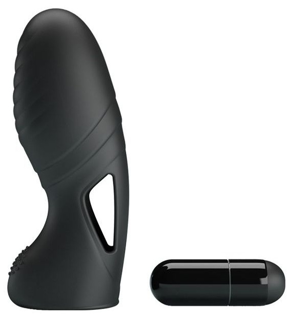 Черная вибронасадка на палец с ребрышками Alan