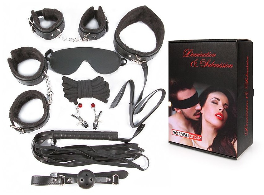 Большой игровой набор БДСМ: наручники, оковы, маска, кляп, плеть, ошейник с поводком, верёвка, зажимы для сосков