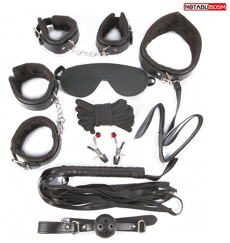 Большой игровой набор БДСМ: наручники, оковы, маска, кляп, плеть, ошейник с поводком, верёвка, зажимы для сосков