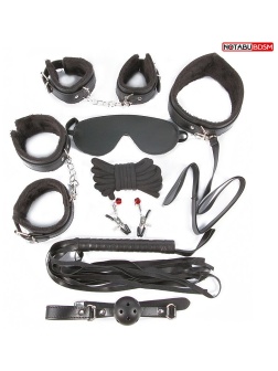 Большой игровой набор БДСМ: наручники, оковы, маска, кляп, плеть, ошейник с поводком, верёвка, зажимы для сосков