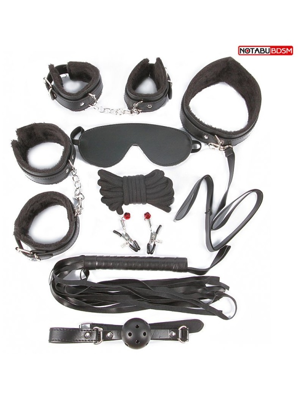 Большой игровой набор БДСМ: наручники, оковы, маска, кляп, плеть, ошейник с поводком, верёвка, зажимы для сосков