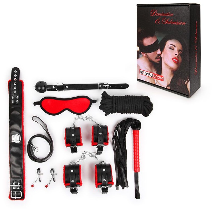 Стильный черно-красный набор БДСМ: маска, кляп, зажимы, плётка, ошейник, наручники, оковы, верёвка