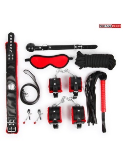 Стильный черно-красный набор БДСМ: маска, кляп, зажимы, плётка, ошейник, наручники, оковы, верёвка