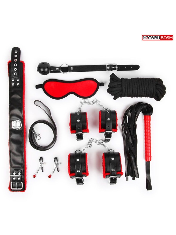Стильный черно-красный набор БДСМ: маска, кляп, зажимы, плётка, ошейник, наручники, оковы, верёвка