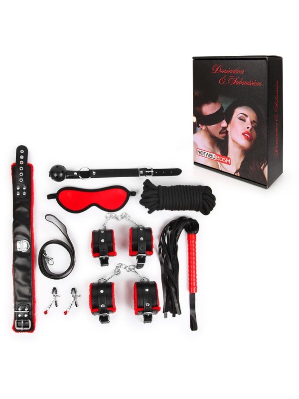 Стильный черно-красный набор БДСМ: маска, кляп, зажимы, плётка, ошейник, наручники, оковы, верёвка