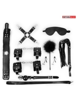 Большой набор БДСМ в черном цвете: маска, кляп, зажимы, плётка, ошейник, наручники, оковы, щекоталка, фиксатор