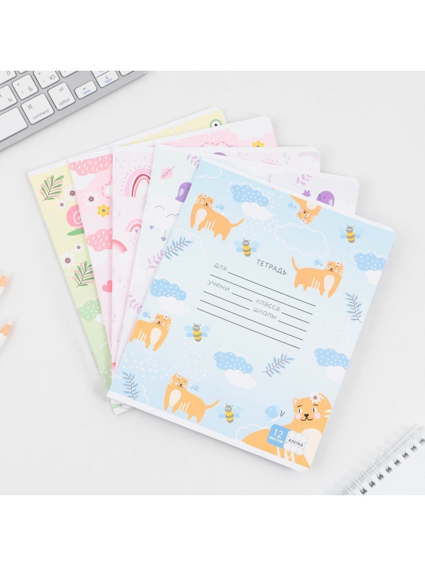 Тетрадь в клетку 12 листов А5, на скрепке «1 сентября: Милые животные», 5 видов МИКС, белизна 96% .