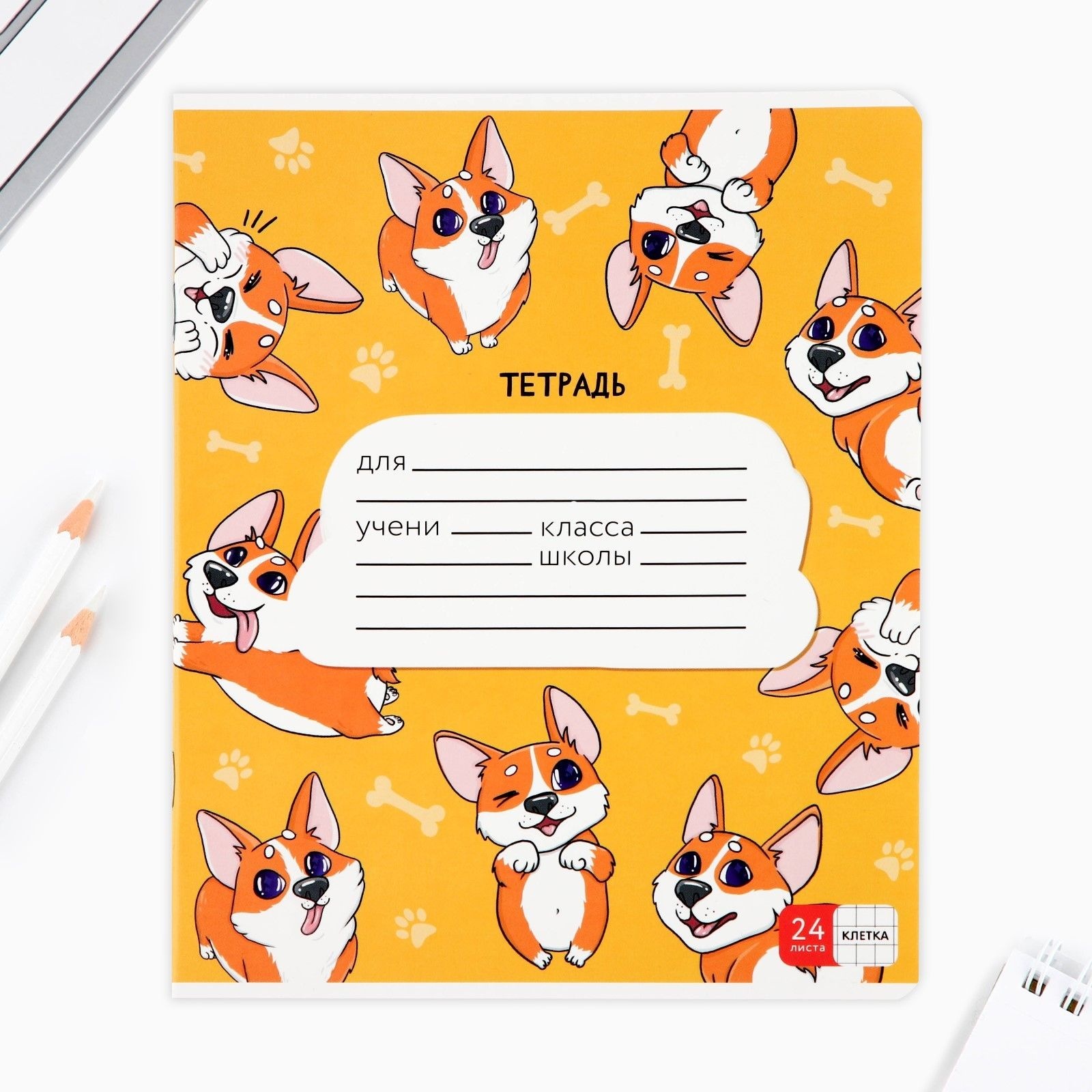 Тетрадь в клетку 24 листа А5, на скрепке «1 сентября: Корги», обложка мелованный картон, 5 видов МИКС