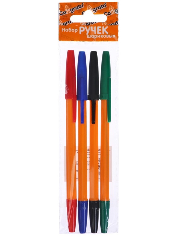 Набор ручек шариковых 4 цвета, стержень 0,7 мм, синий, красный, черный, зеленый, корпус оранжевый
