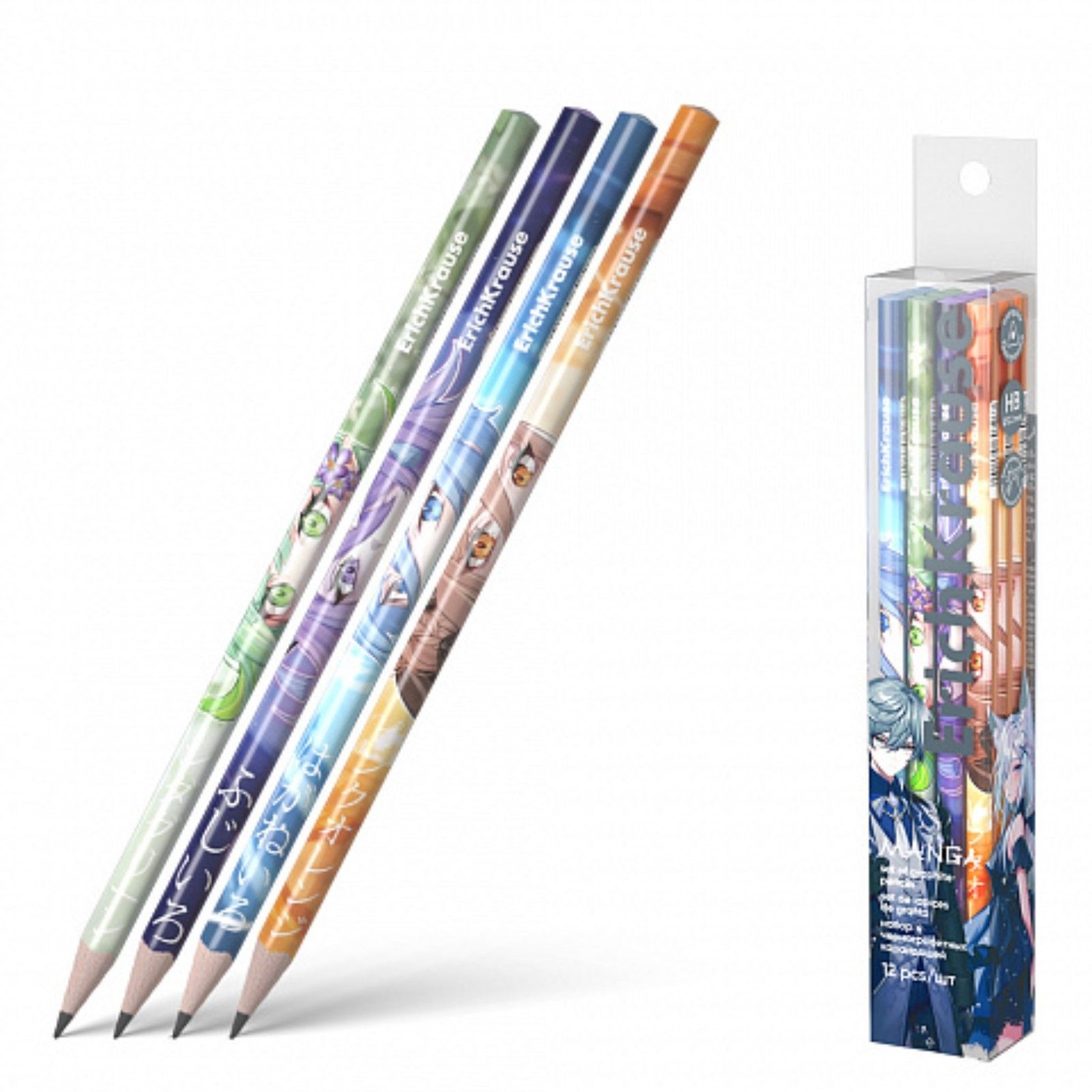 Набор чернографитных карандашей 12 штук ErichKrause  Manga , HB, грифель d=2.2 мм, дерево, трехгранный, в ПЭТ-боксе, микс