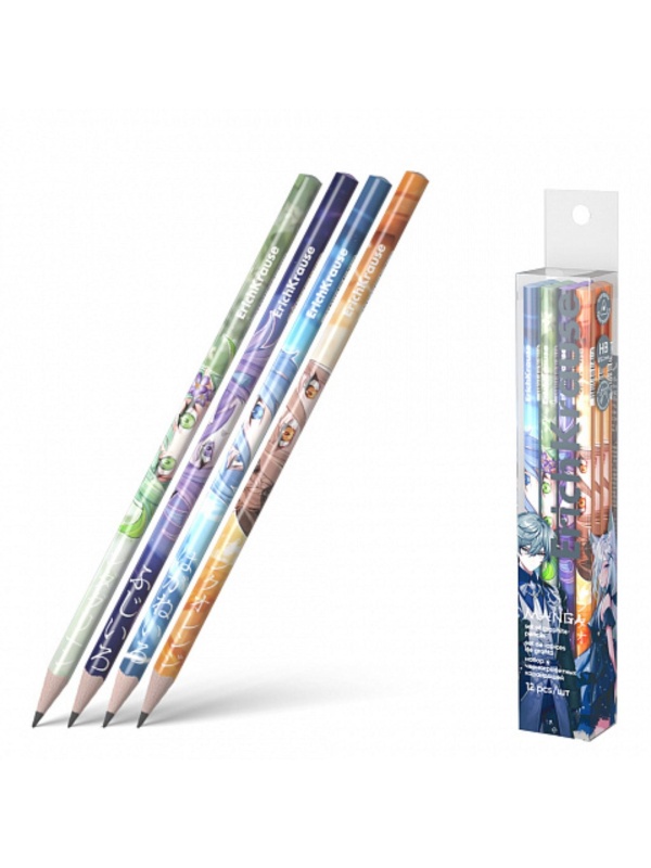 Набор чернографитных карандашей 12 штук ErichKrause  Manga , HB, грифель d=2.2 мм, дерево, трехгранный, в ПЭТ-боксе, микс