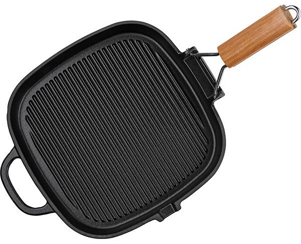Сковорода-гриль «Эмбер Каст Мэтт» с матовым покрытием;чугун,дерево;,H=27,L=250,B=250мм;черный,древес