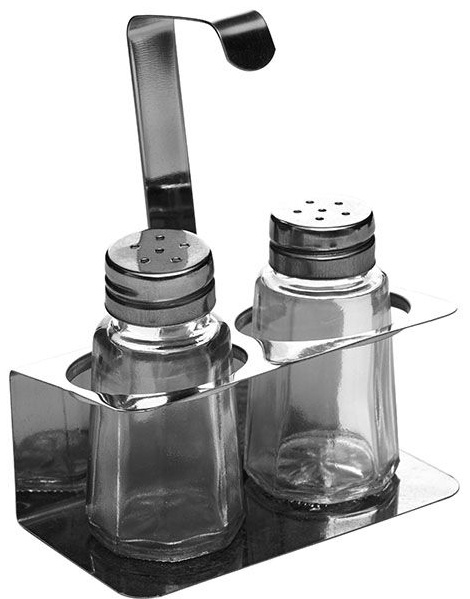 Набор для специй солонка и перечница на подставке;сталь нерж.,стекло;50мл;,H=100,L=100,B=52мм;серебр