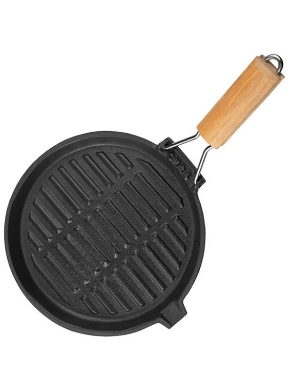 Сковорода-гриль «Эмбер Каст Мэтт»;чугун,дерево;D=220,H=18мм;черный,св. дерево