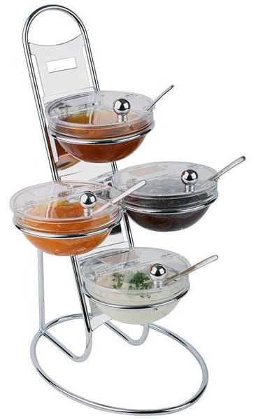 Этажерка + 4 салатника с крыш. d=14см;сталь хромир.,стекло;,H=48,L=30,B=30см;металлич.,прозр.