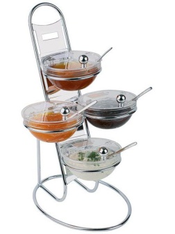 Этажерка + 4 салатника с крыш. d=14см;сталь хромир.,стекло;,H=48,L=30,B=30см;металлич.,прозр.