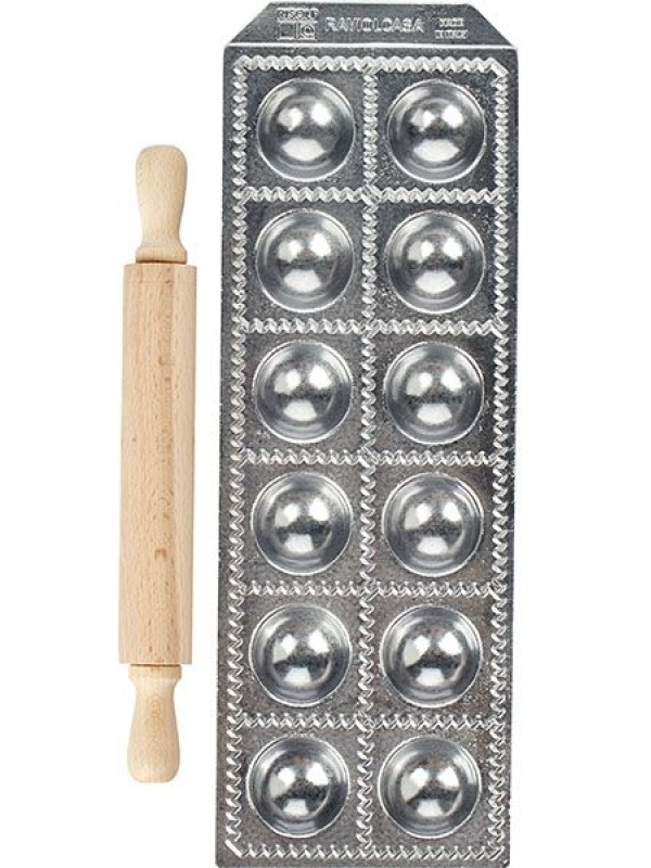 Форма для равиоли со скалкой[12шт];алюм.литой,дерево;D=37,H=15,L=330,B=115мм