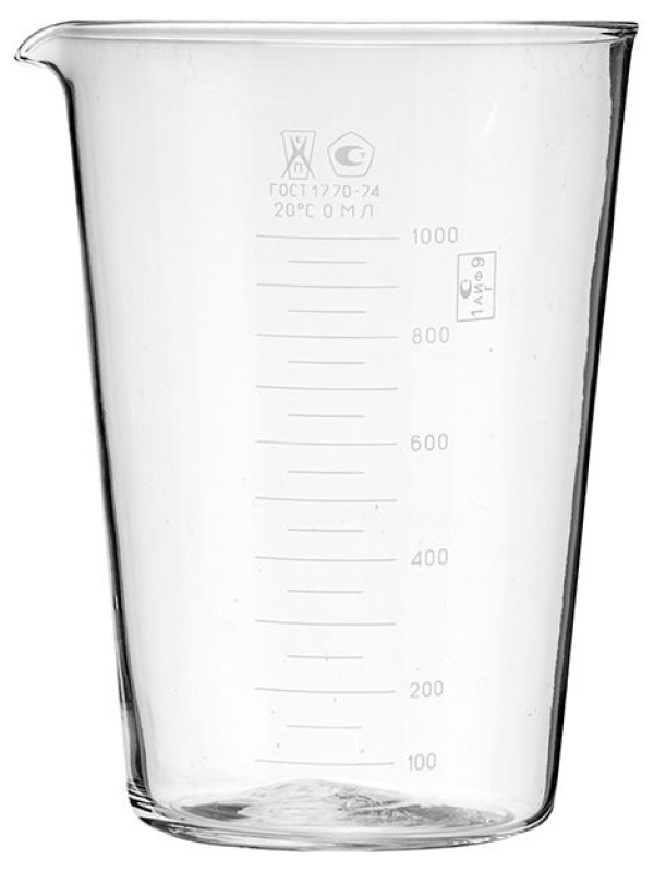 Мензурка ТС ГОСТ-1770-74;стекло;1л;D=12,5/13,5,H=17,5см;прозр.