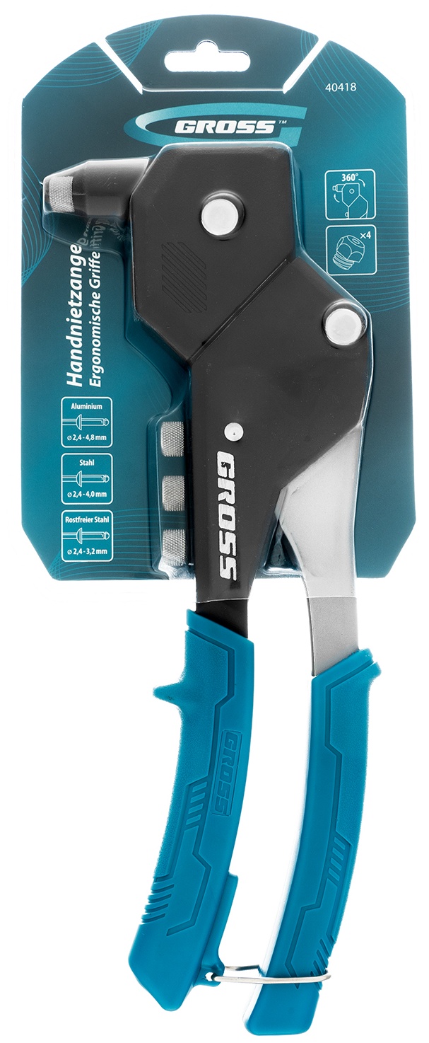 Заклепочник ручной, 290 мм, поворотный, 0-360, заклепки 2,4-3,2-4,0-4,8 мм Gross