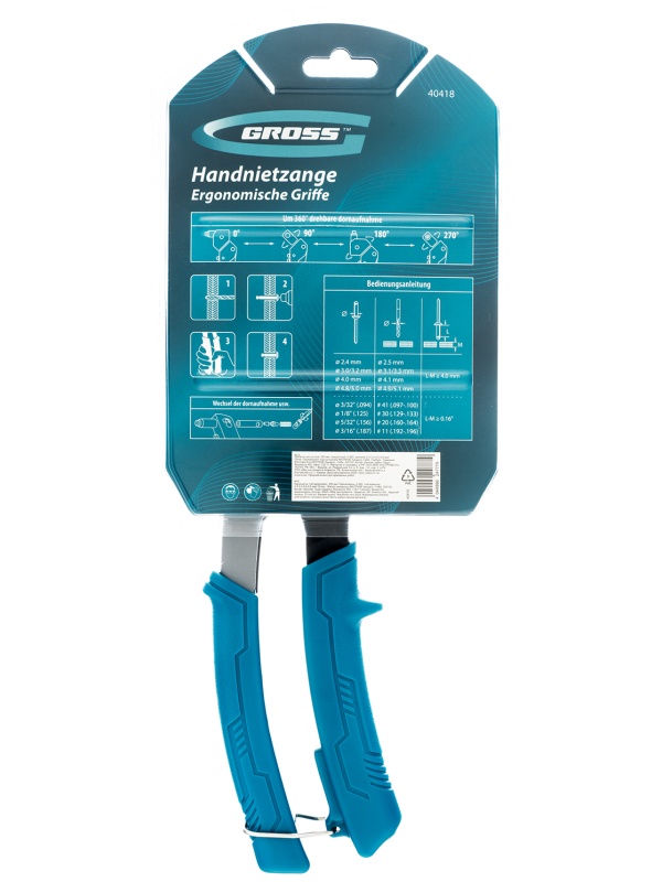 Заклепочник ручной, 290 мм, поворотный, 0-360, заклепки 2,4-3,2-4,0-4,8 мм Gross
