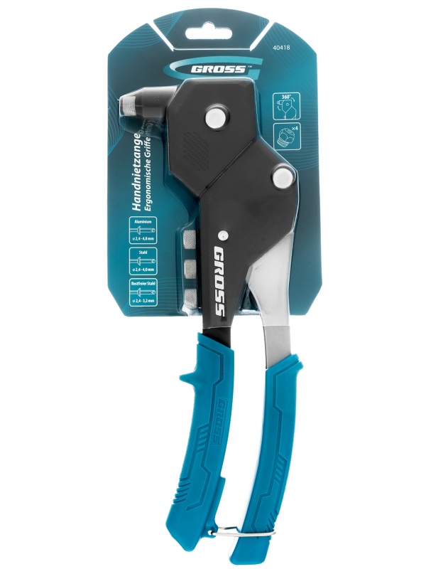 Заклепочник ручной, 290 мм, поворотный, 0-360, заклепки 2,4-3,2-4,0-4,8 мм Gross