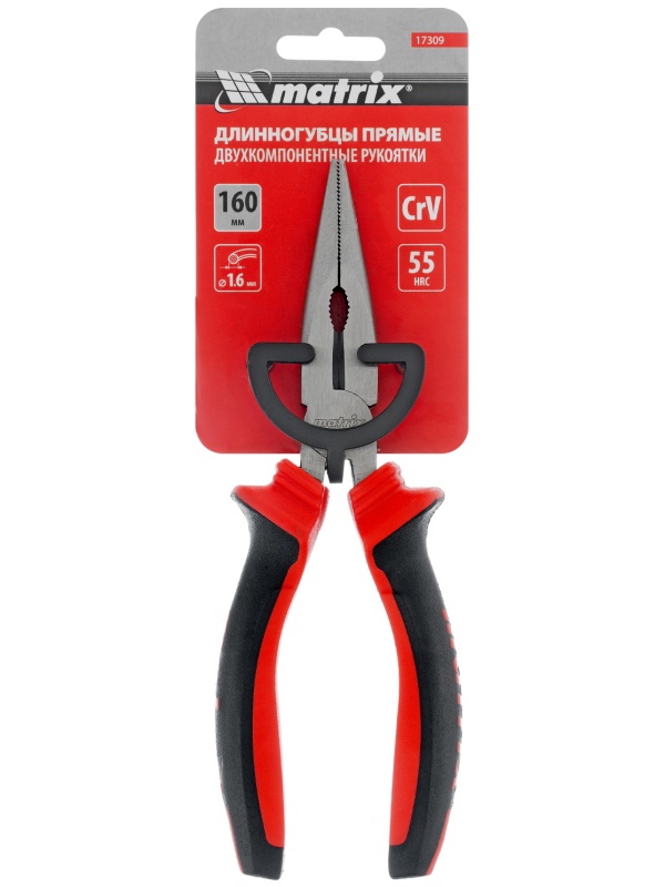 Длинногубцы прямые, 160 мм, хром-ванадий, двухкомпонентные рукоятки Matrix